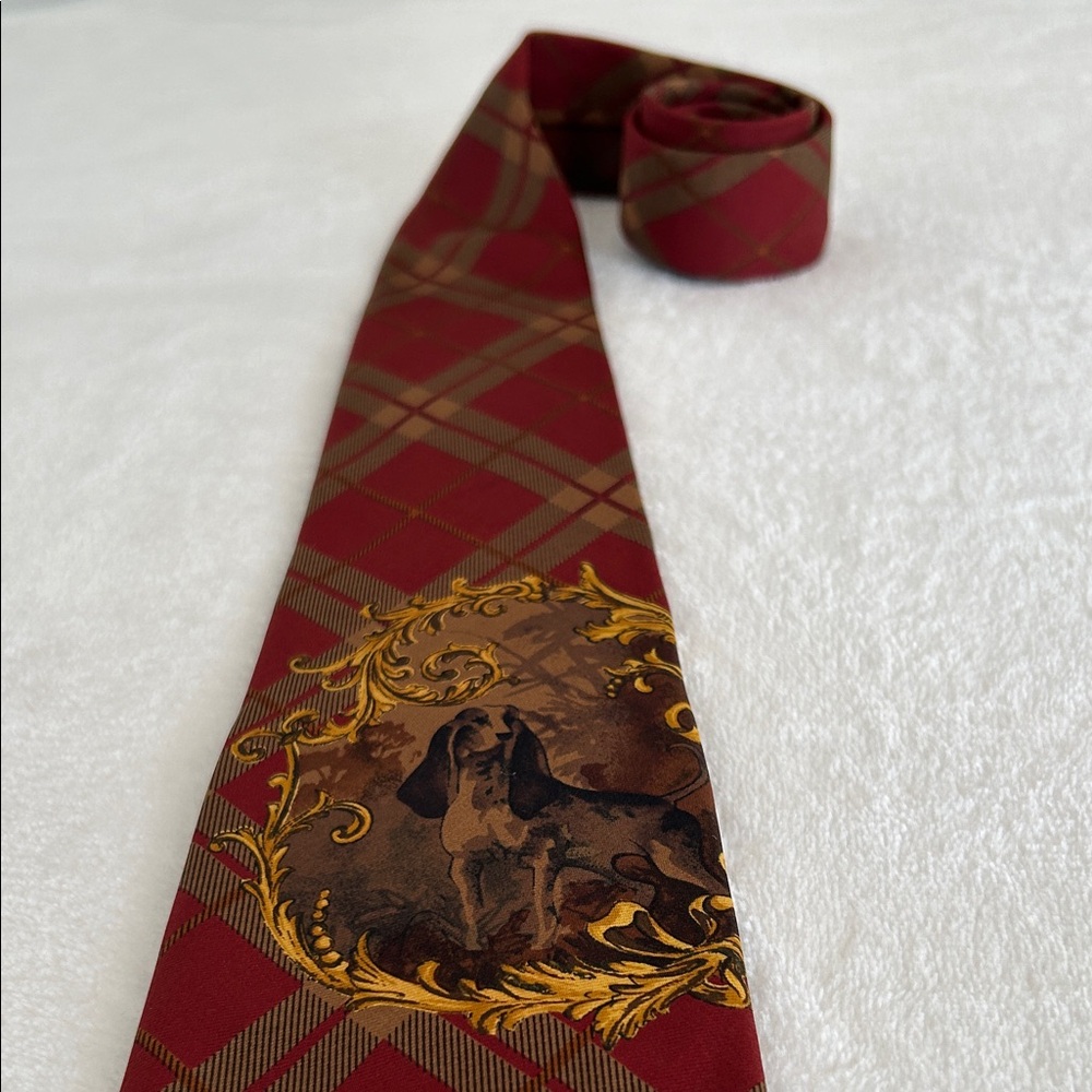Vintage Ralph Lauren Polo Basset Hound Hunting Dog Tie. Red And Brown Plaid. Usa